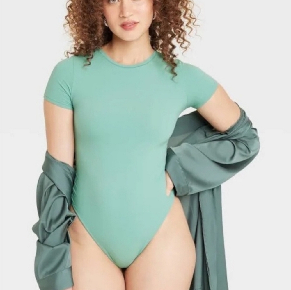 Auden Aqua Green Luxury 4-Way Stretch Short Sleeve Bodysuit NWT
